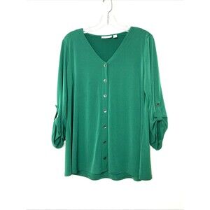 Susan Graver Womens Blouse M Green Liquid Knit V-Neck Button Trimm Roll Sleeves